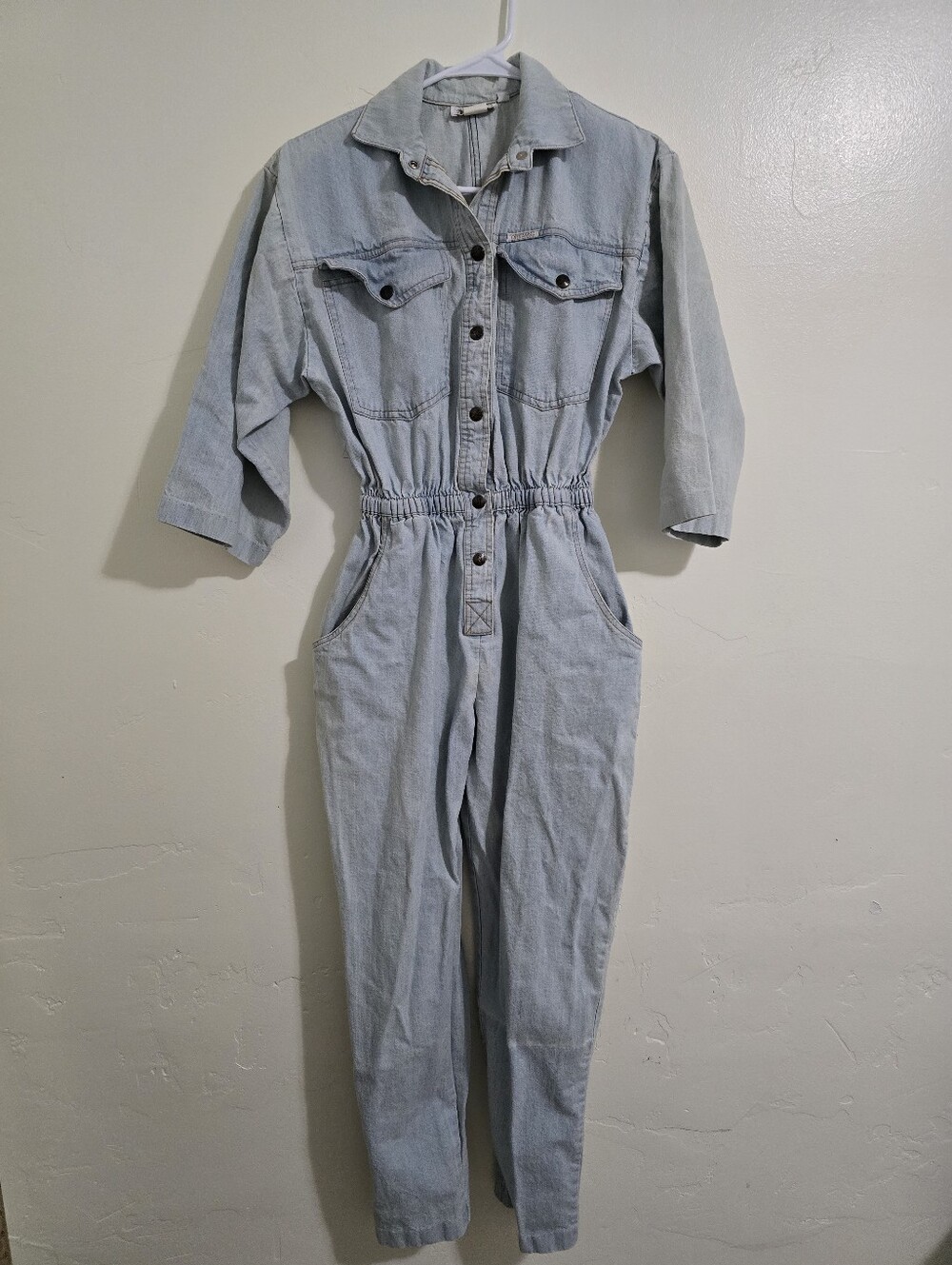 Vintage 80s Dreams Denim Coveralls Jumpsuit Elastic Waist Snap 3/4 Sleeves Sz M